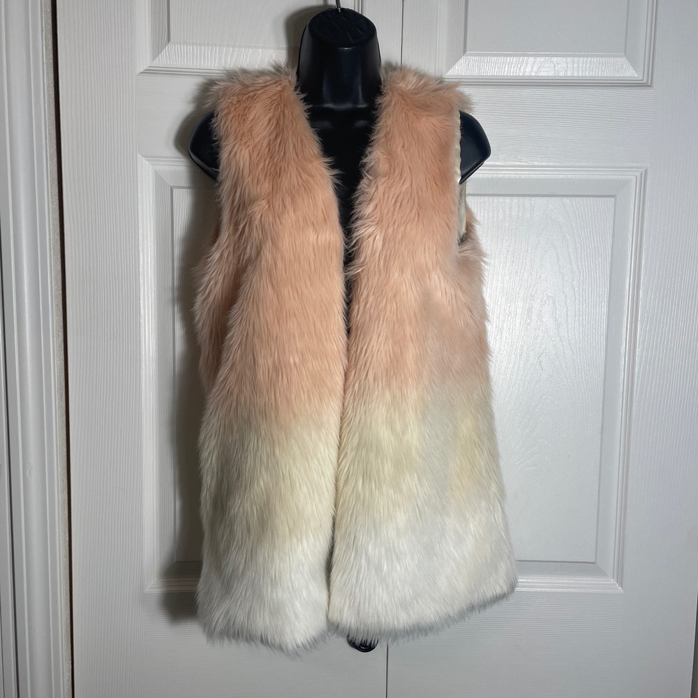 Gianni Bini Faux Fur‎ Vest Women Small Peach Cream White Ombre Open Front Top